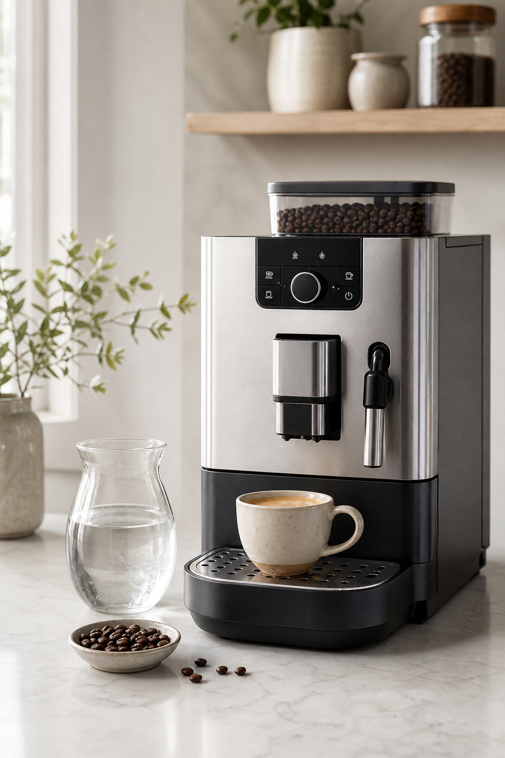 Machine à café domestique avec tasse et grains de café