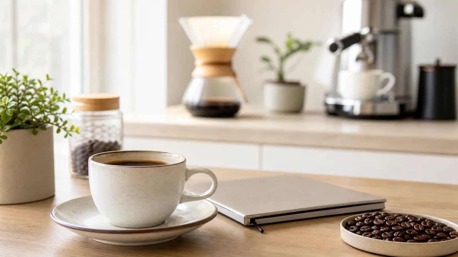 Machine à café et tasse sur un plan de travail clair