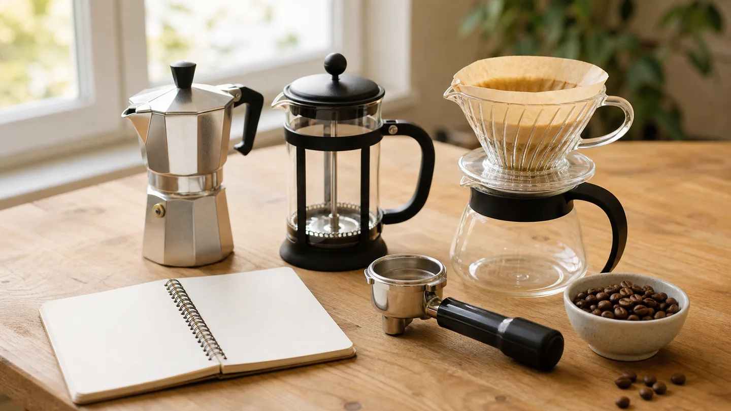 Cafetières manuelles, carnet et grains de café sur une table lumineuse