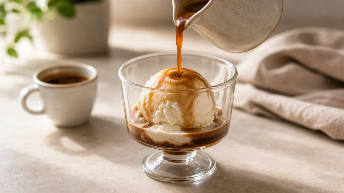 Illustration pour Recette affogato : espresso chaud sur glace vanille